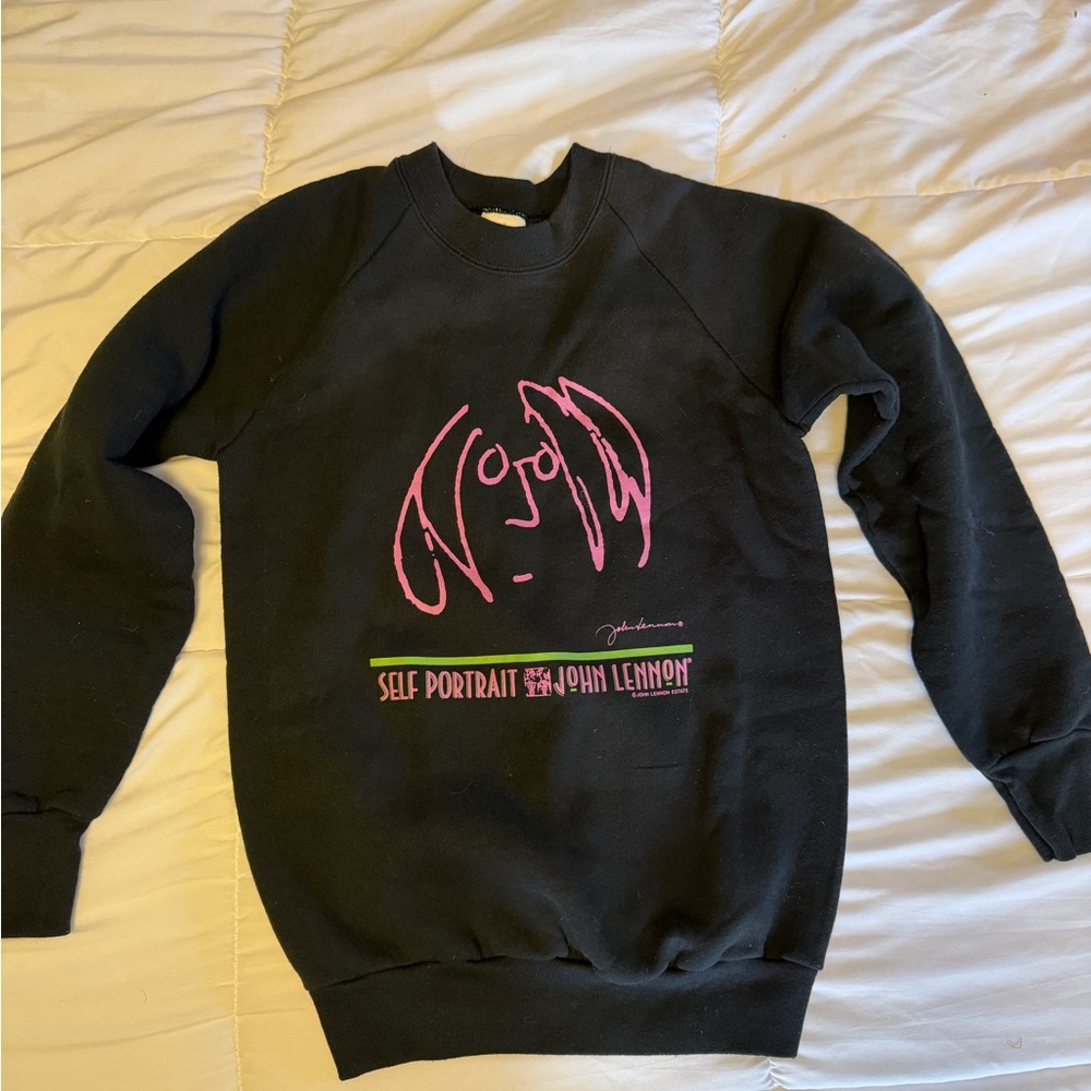 Fruit of the Loom Black Crewneck with Pink John Lennon Self-Portrait